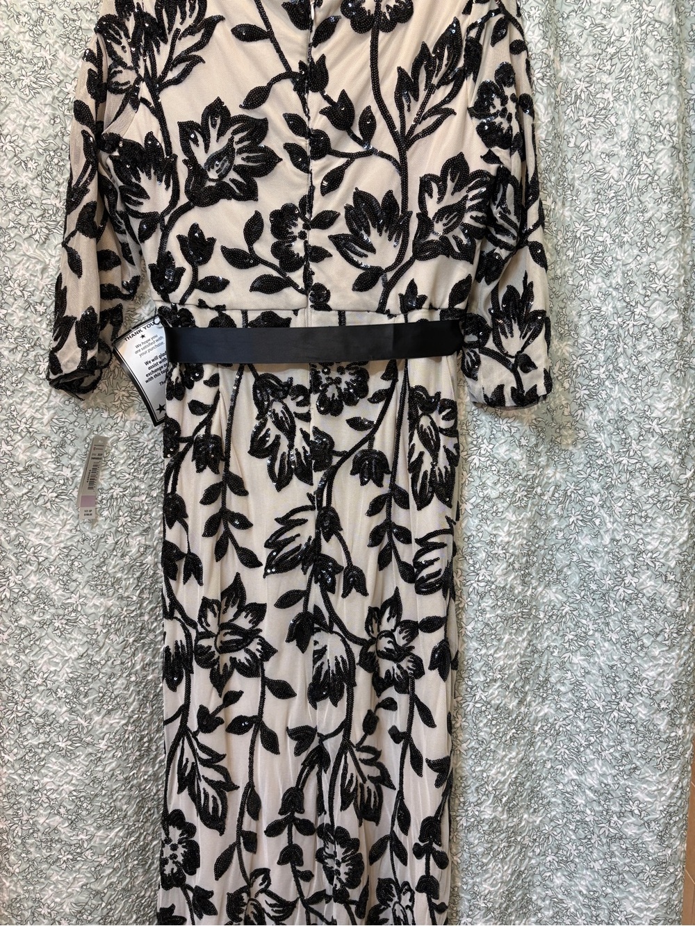 R&M Richards Cream Dress with Black Sequin Floral Embroidery and Satin Sash - Picture 3 of 9